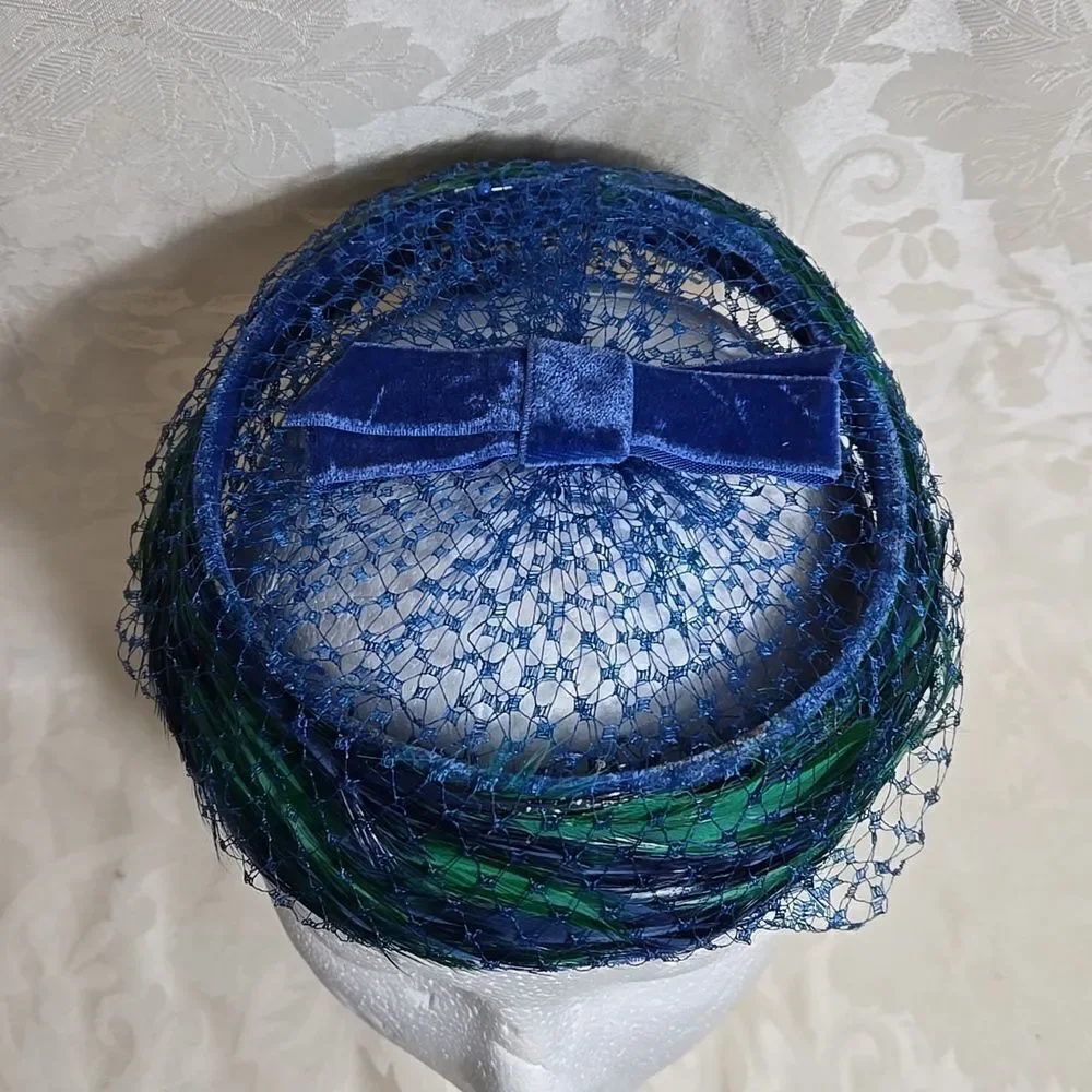 Vintage Blue and Green Feathered Netted Women's Hat with Bow